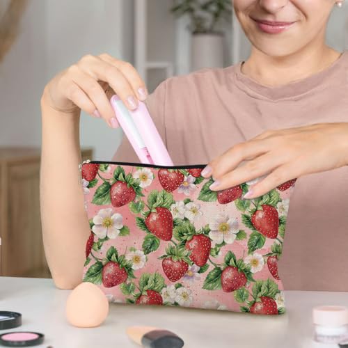 BARPERY Floral Strawberry Makeup Bag - Cute Linen Travel Cosmetic Pouch