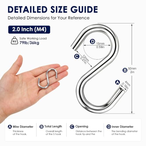 Heavy-Duty Stainless Steel S Hooks for Hanging - 20 Pack, 2.0 Inch