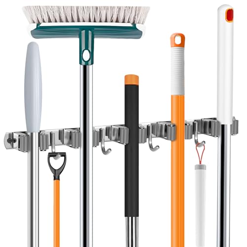 UNIFUN Stainless Steel Broom Holder Wall Mount with 5 Racks & 4 Hooks