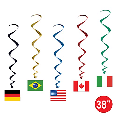 International Flag Hanging Spirals - Pack of 10 (38" Long) - Colorful Party Decor