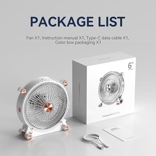 KIEROFIRT Portable Transparent Desktop Fan - Rechargeable, Quiet, 3 Speed
