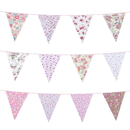 NatNarr 50Ft Pink Triangle Bunting Banner - 45 Pcs Cotton Fabric Flags