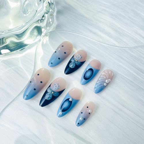 French Tip Press On Nails Long Almond Blue Black False Nails 24Pcs