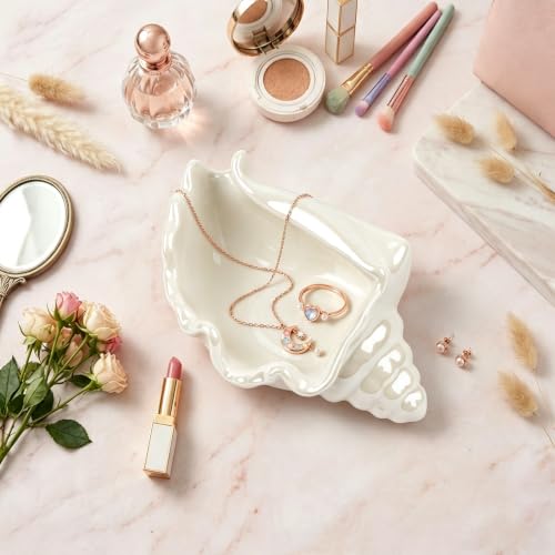 PUDDING CABIN White Conch Shell Jewelry Dish - Coastal Beach Vanity Ring Holder - Conch-White