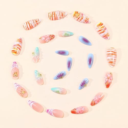 Pink Flower Press on Nails Medium Almond French Tip False Nails