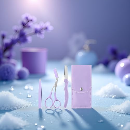 3 Pcs Purple Eyebrow Scissor Trimmer Razor with PU Leather Case
