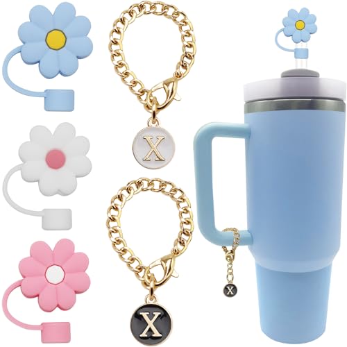 ANDERSE Stanley Cup Accessories Set - Silicone Flower Straw Covers & Letter Charm