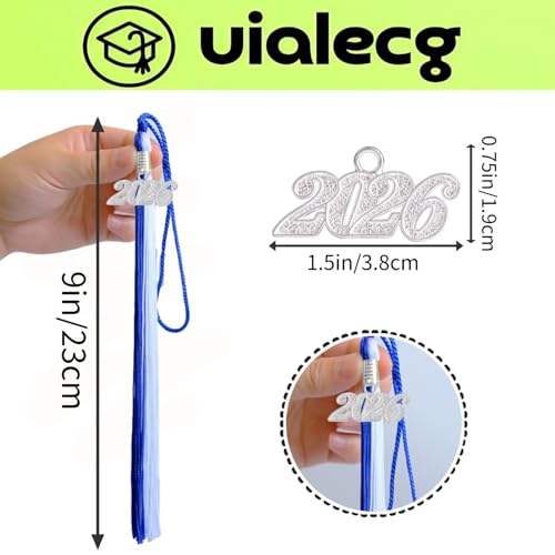 Graduation Tassel 2026 Royal Blue and White with Silver Year Charm 9 Inch
