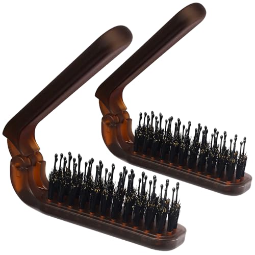 Qjaiune 2 Pack Foldable Boar Bristle Hair Brush, Pocket Size Anti-Static