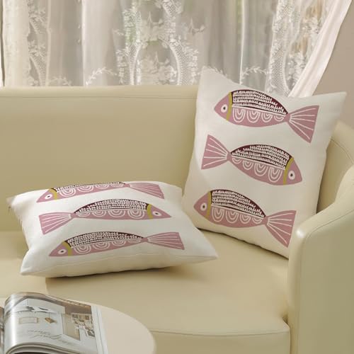 Coastal Pink Fish Pillow Covers 18x18 Inch Set of 2 - Nautical Throw Pillows for Home Decor