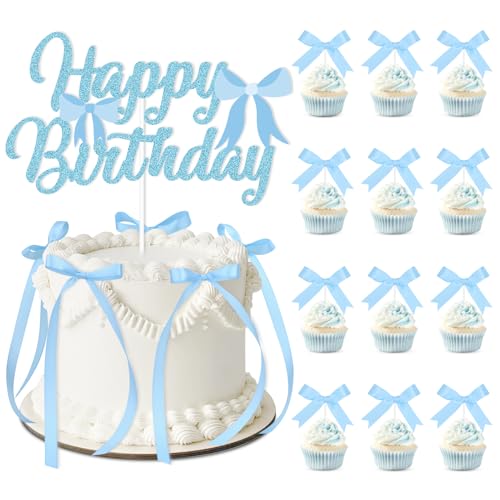 Blue Bow Cake Topper Set - 19Pc Ribbon Birthday & Bridal Shower Decor