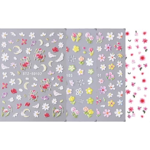 MIXFOSAHN 3D Floral Nail Stickers Set - Colorful Flower Decals for Nail Art (8 Sheets)