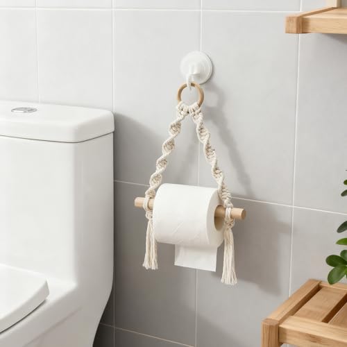 Macrame Toilet Paper Holder - Boho Wall-Mounted Bathroom Roll Storage
