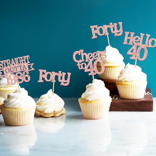 Ephlyn 24Pcs Rose Gold 40th Birthday Cupcake Toppers Glitter Picks