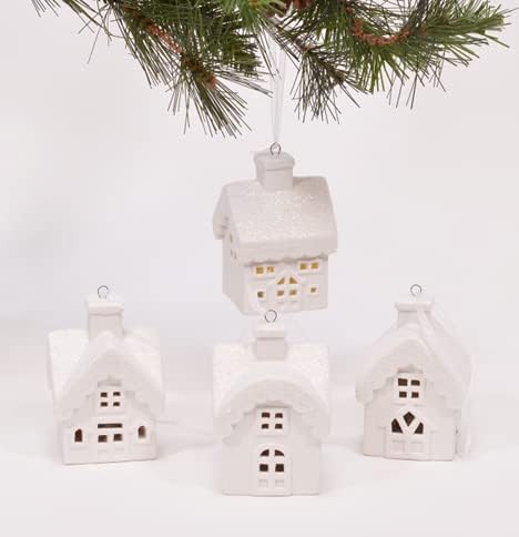 Regine Switzerland Snowy Village House Ornaments - Unglazed Winter White Porcelain, Set of 4, 3 Inch