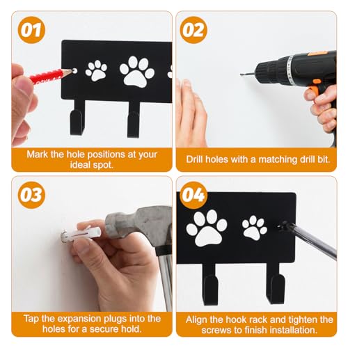 Dog Leash and Key Holder Wall Mount with 6 Hooks - Decorative Paw Print