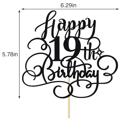 Black Glitter 19th Birthday Cake Topper - Cheers to 19 Years Party Decor