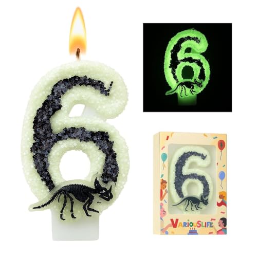 Number 6 Dinosaur Birthday Candle - Glow in the Dark Skeleton Cake Topper