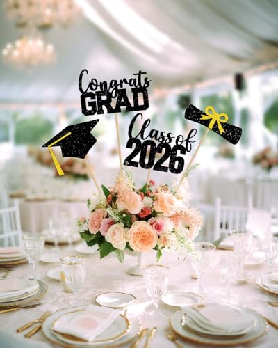 Jiiohur Class of 2026 Graduation Centerpieces Sticks - 16 Pcs, Black & Gold Party Supplies (Bg)