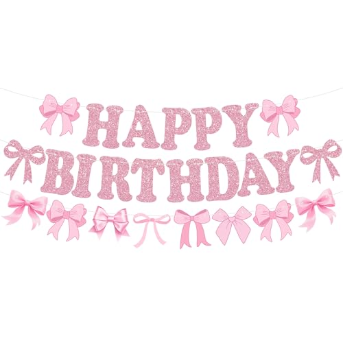 Pink Glitter Bow Happy Birthday Banner - Pre-Strung Party Decor