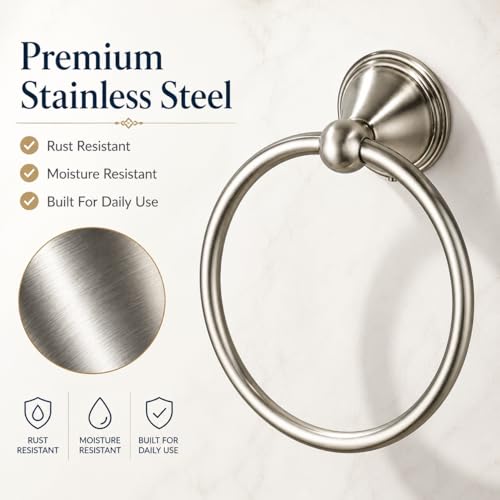 Brushed Nickel Towel Ring for Bathroom - 1 Pack Stainless Steel Holder