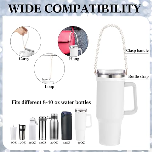 2 Pcs Silicone Water Bottle Handle Holder with Pearl Strap Compatible with Stanley Cup Accessories Sling Water Bottle Carrier Holde Fits Most 8-40 oz Tumbler Gift for Woman