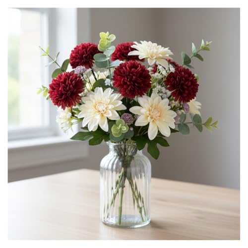 Burgundy Artificial Mums - 12Pcs Silk Flowers with Bendable Stems