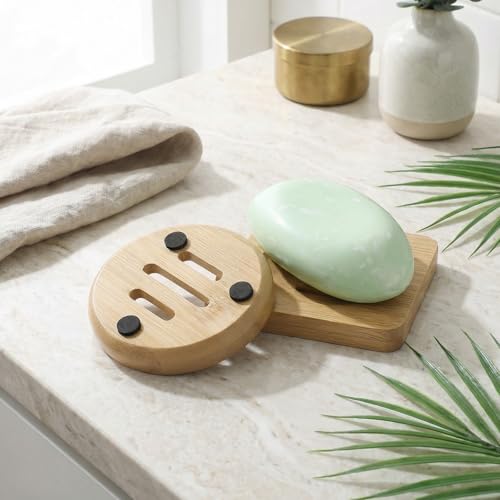 2 Pcs Wooden Soap Saver Dish Set - Natural Bamboo Self-Draining Shower Holders