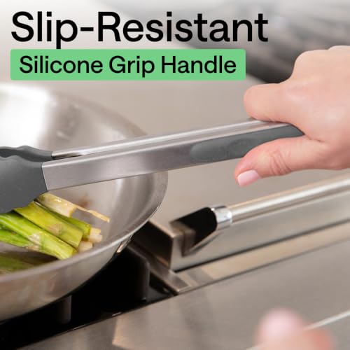 Gorilla Grip Stainless Steel Kitchen Tongs 7" & 9" Gray Set - Nonstick, Heat-Resistant, Locking Storage