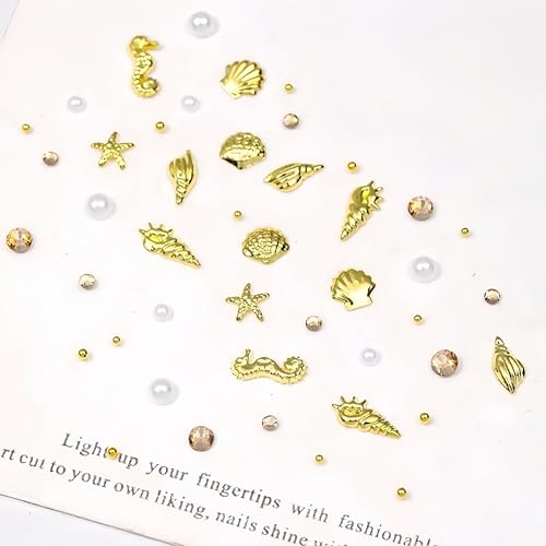 Quezadyl 3D Gold Beach Nail Charms - Seashell & Starfish Ocean Style