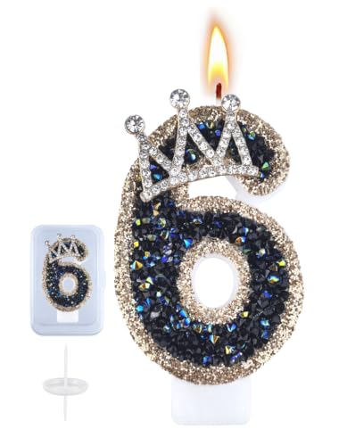 Pink Glitter Crown Birthday Candle Number 6 - Cake Topper