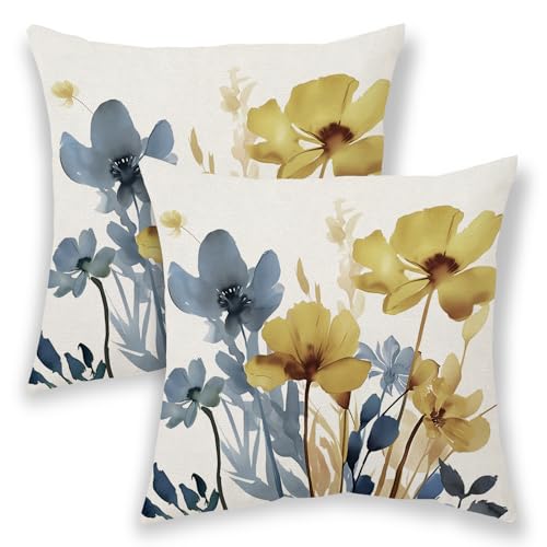 Vintage Floral Pillow Covers 20x20 Inch, Blue Yellow Linen Throw Pillows Set of 2