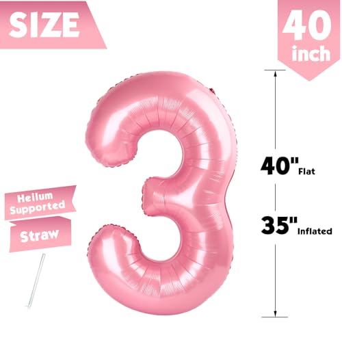 40 Inch Pearlescent Pink Number 3 Balloon for 3rd Birthday