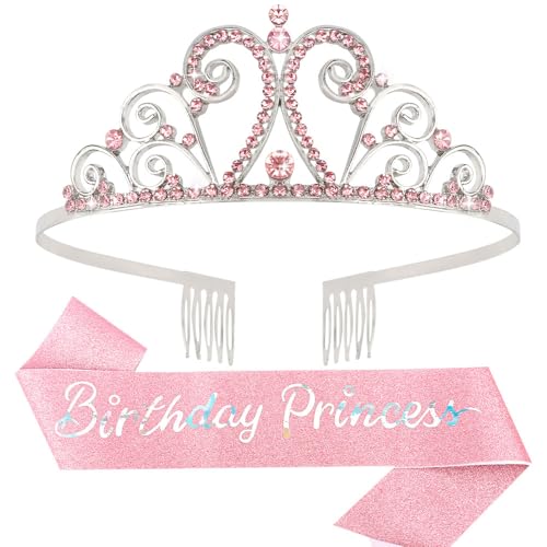 AOPRIE Birthday Sash and Rhinestone Tiara Set for Women, Pink 2-Pack