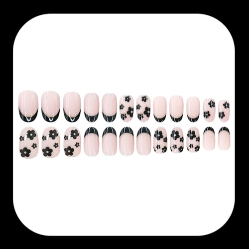 LYLYNB Black French Tip Press on Nails with Floral Art - Almond False Nails