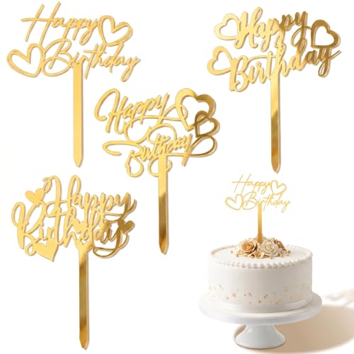 Gold Heart Shaped Birthday Cake Toppers - 4 PCS Acrylic Decor