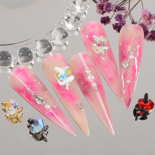 Silver Snake Nail Charms with Heart Rhinestones 10PCS 3D Gems
