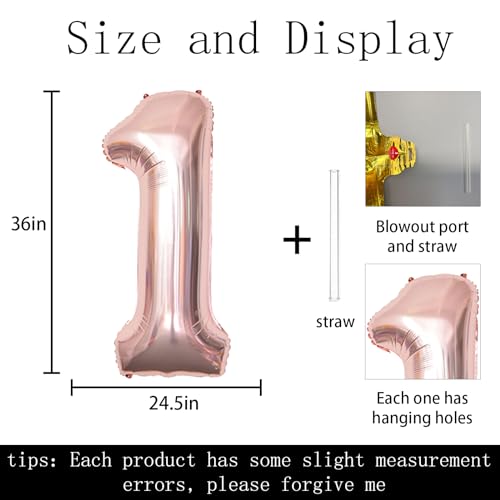 Keyali 40 Inch Number 1 Rose Gold Foil Helium Balloon for Birthday Party