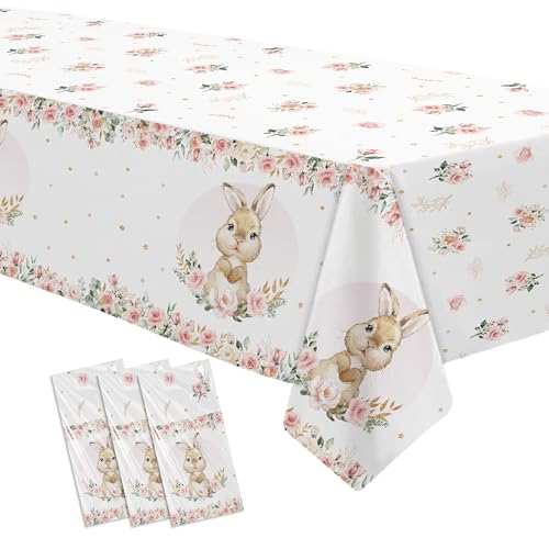 Bunny Birthday Tablecloth Set - 3 Disposable Pastel Easter Party Covers 86x55in