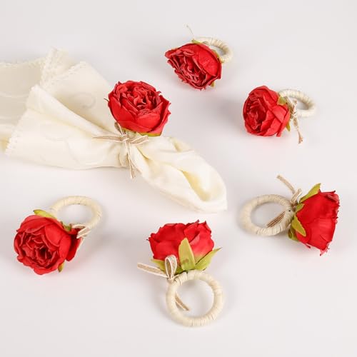 Red Handmade Flower Napkin Rings Set of 6 with Jute Bow for Summer Wedding Party