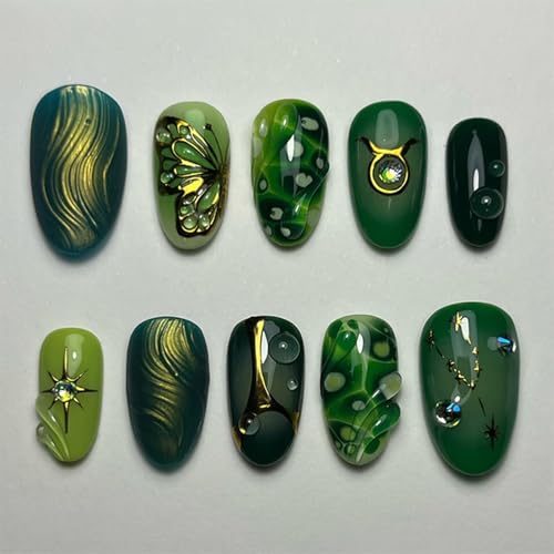 Green Press on Nails Medium Almond Fake Nails with Rhinestones 24 Pcs