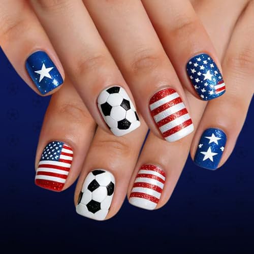 LYLYNB Patriotic American Flag Press on Nails Red White Blue Fake Nails