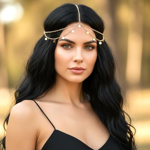 Bremorou Gold Sequin Boho Head Chain Hair Jewelry for Women Festival