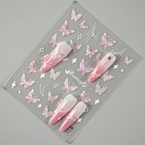 5D Embossed Butterfly Nail Art Stickers Pink Spring Manicure Decals