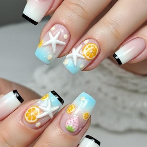 JCWGXC Summer Press on Nails Medium Square Black French Tip False Nails