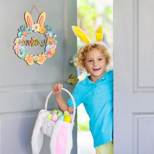 Easter Wooden Door Wreath 13" Happy Easter Sign for Front Porch Decor