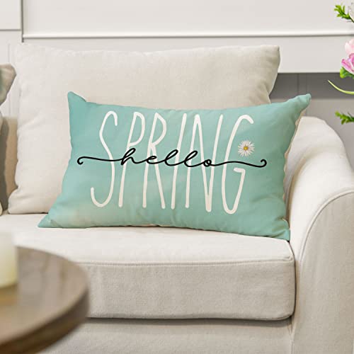 Hello Spring Bluish Green Throw Pillow Cover, 12x20 Inch