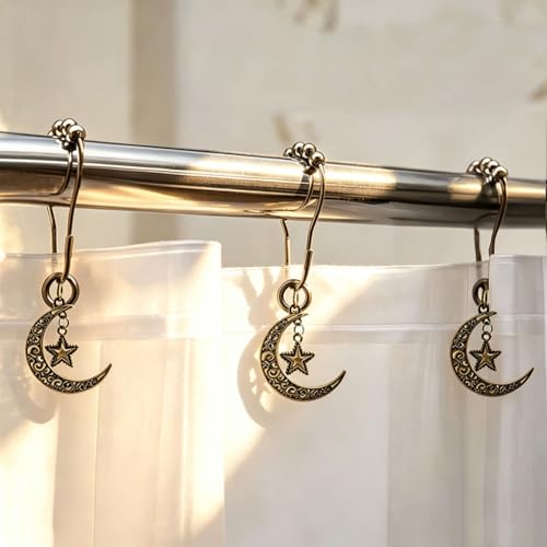 Celestial Moon and Stars Shower Curtain Hooks - 12 Pcs Bronze Set
