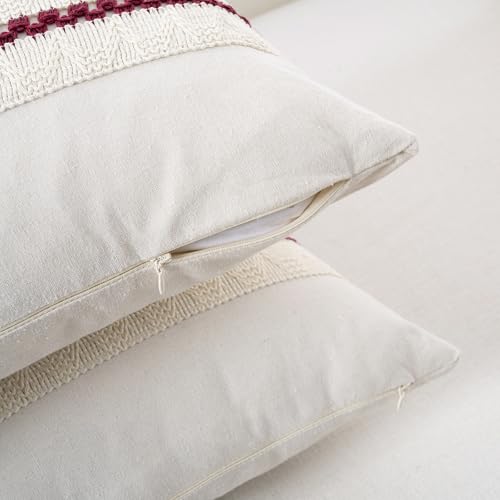 26x26 Inch Set of 2 Burgundy Boho Decorative Throw Pillow Covers - Cotton & Textured Cushion Cases