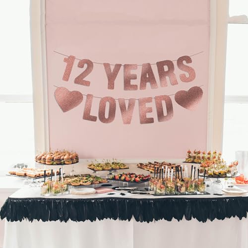 12 Years Loved Rose Gold Glitter Banner for 12th Birthday